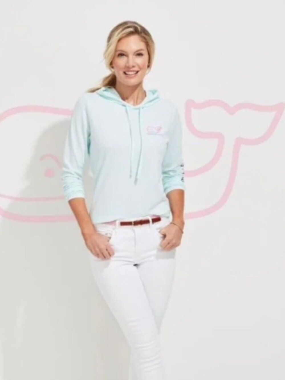 EUC VINEYARD VINES Edgartown Hoodie Tee 100% Cotton White/Pink Size L